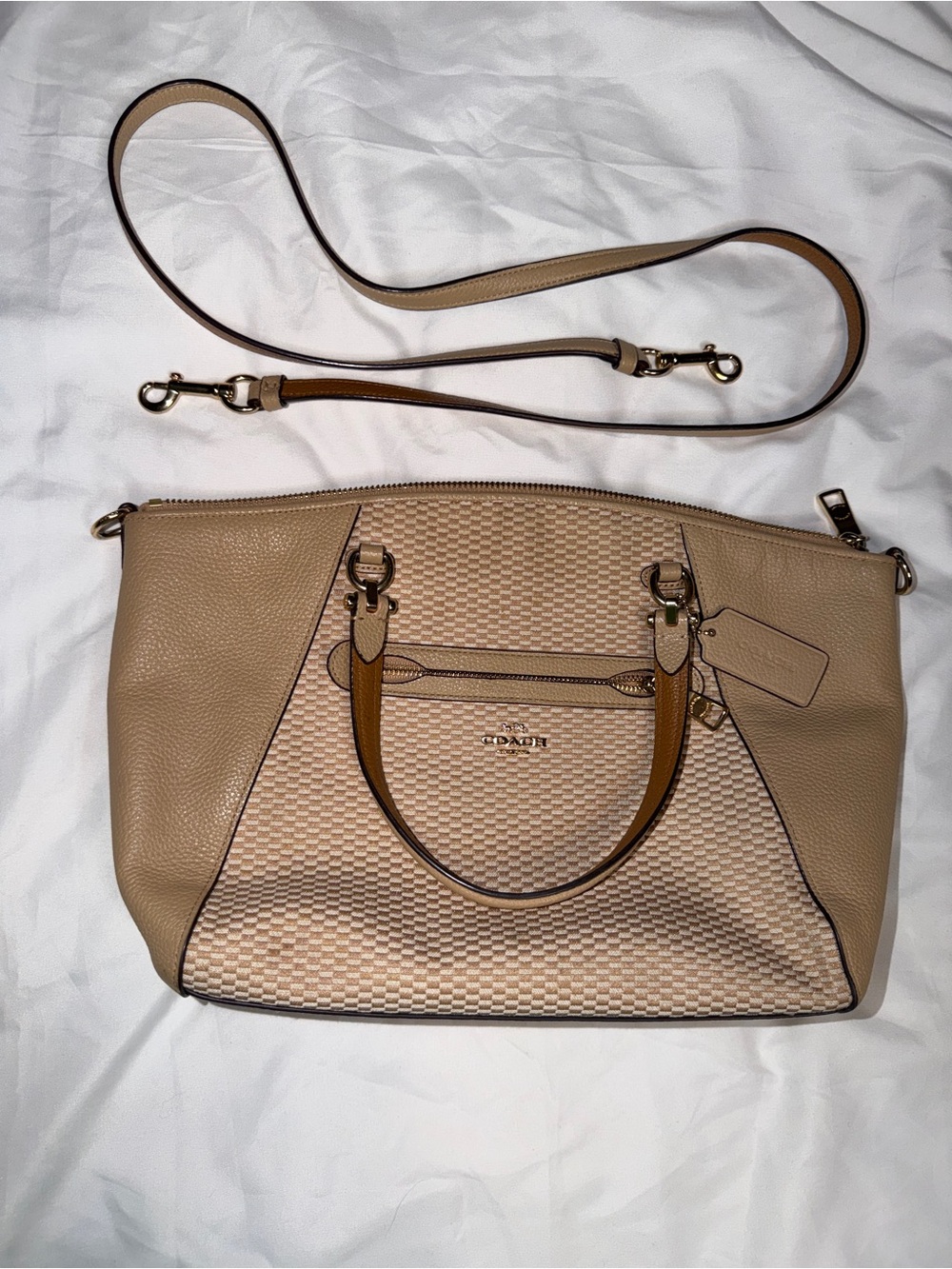 Coach Beige Woven-Panel Satchel with Detachable Strap